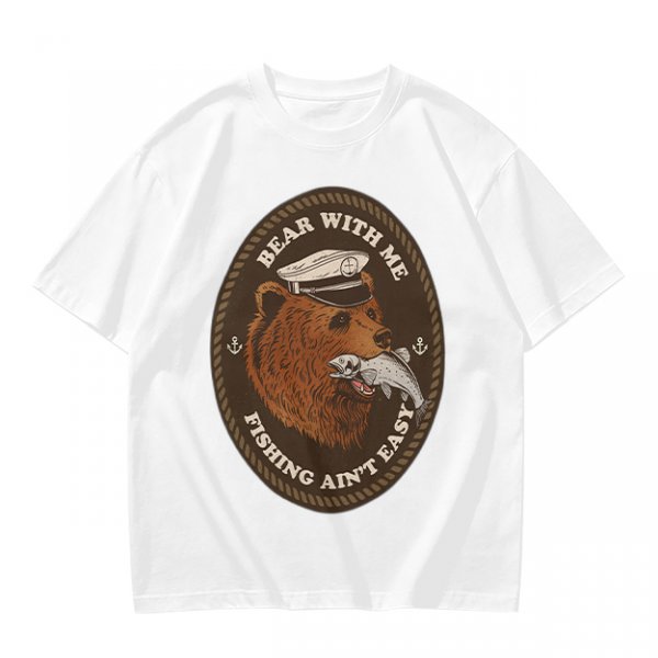 Olive t-shirt with bear captain fishing pun graphic