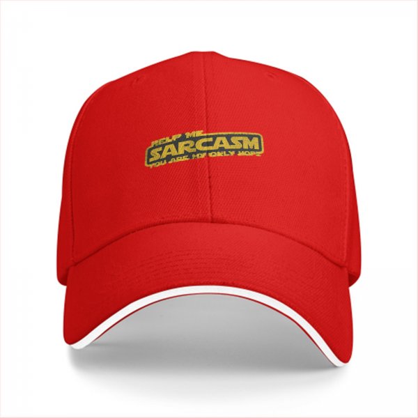 Black baseball cap with 'Help Me Sarcasm You Are My Only Hope' print