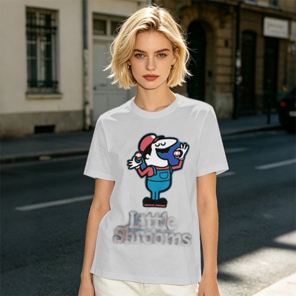 Olive T-shirt with Cartoon Character Holding Mushrooms Print