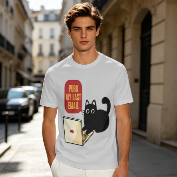 Black cat typing on laptop with 'Purr My Last Email' graphic t-shirt