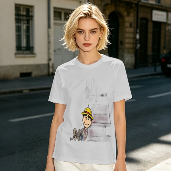 Olive Green T-Shirt with Smiling Boy in Yellow Hat Graphic