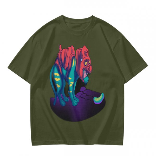Olive T-Shirt With Vibrant Fantasy Creature Graphic Print