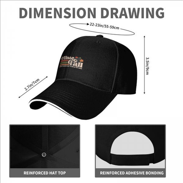 Black baseball cap with 'I Hate Fall' retro graphic print