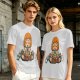 Olive T-shirt with cartoon muscular character meditating surrounded by candles