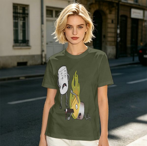 Olive T-Shirt With Cartoon Marshmallow and Burning Character Print
