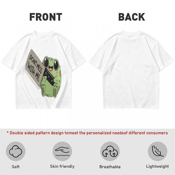 Olive t-shirt with cute frog holding knife and 'Don't mess with me' text
