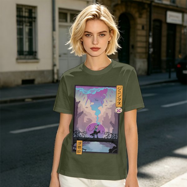 Olive T-shirt with Cyberpunk City Bridge Character Art Print