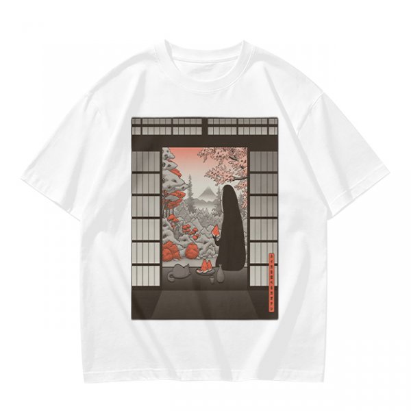 Olive T-Shirt with Japanese Shinto-inspired Window Landscape Print