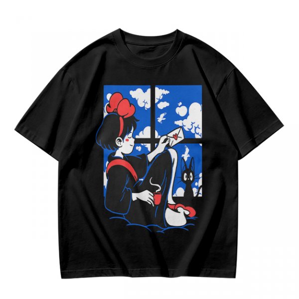Olive t-shirt with Kiki's Delivery Service window print of girl reading letter