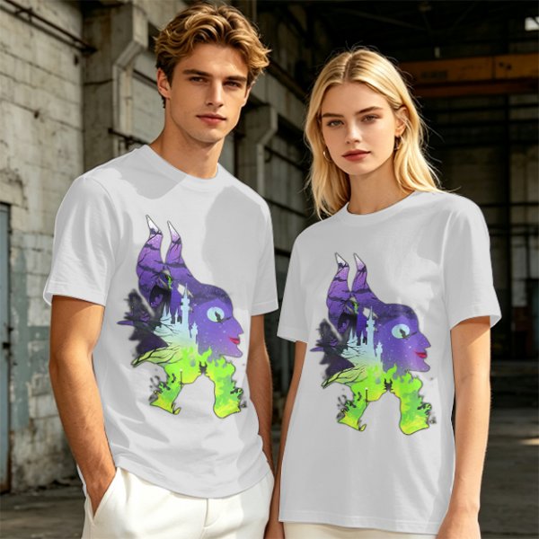 Olive green t-shirt with Maleficent fantasy silhouette graphic