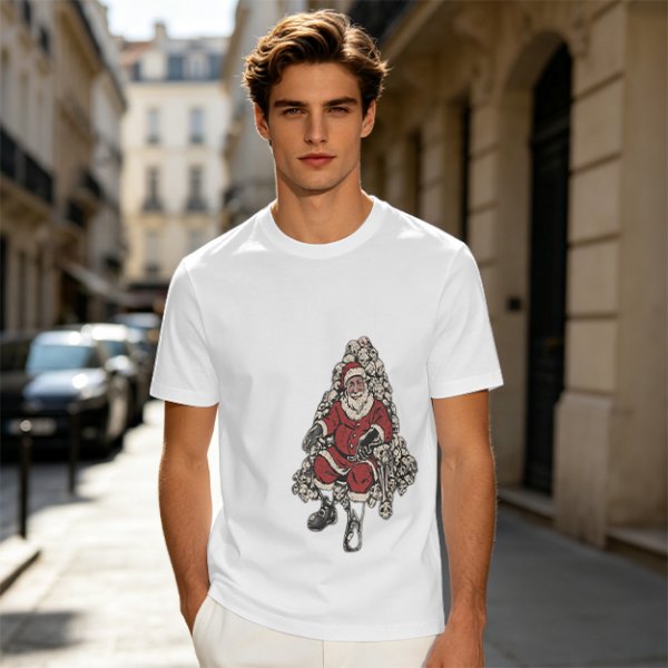 Olive T-shirt with Santa Claus on Skull Throne Graphic