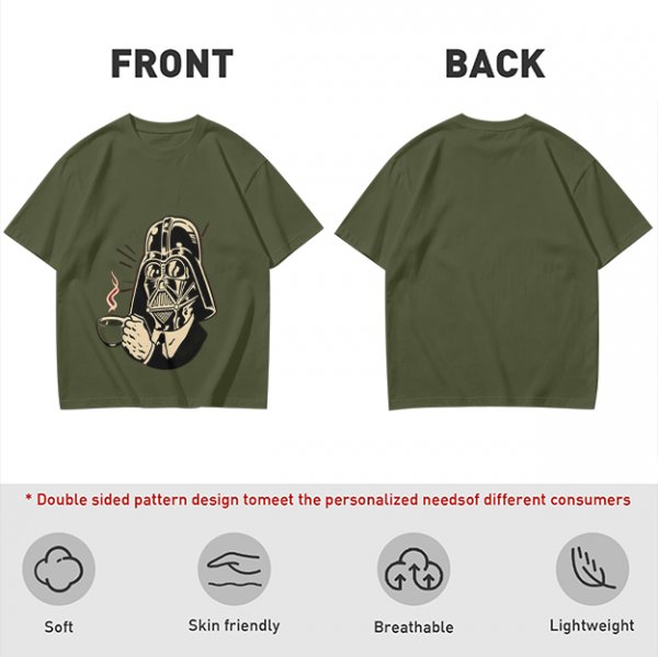 Olive T-shirt with Darth Vader holding a steaming coffee cup
