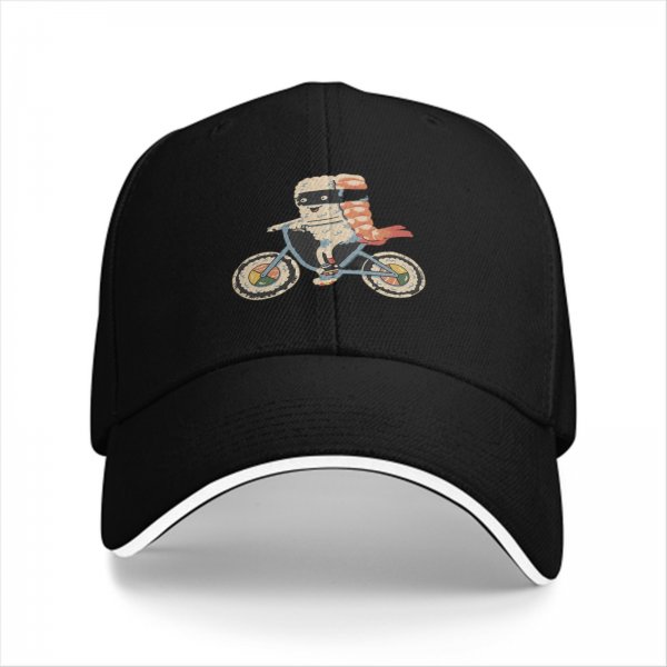 Black baseball cap with sushi ninja riding a bicycle graphic