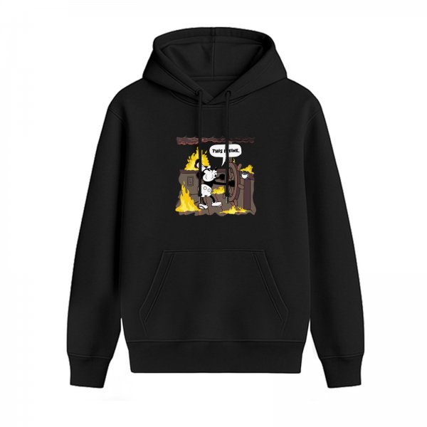 Black hoodie with Steamboat Willie cartoon on burning ship wheel graphic