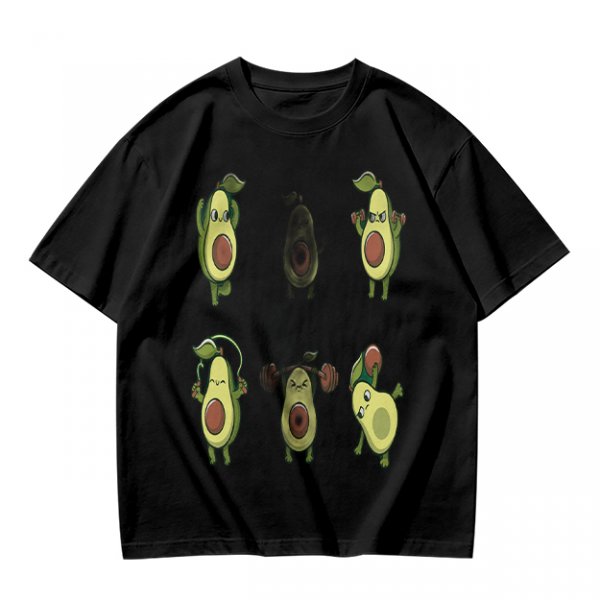 Olive Green T-Shirt with Cartoon Avocado Fitness Characters Print