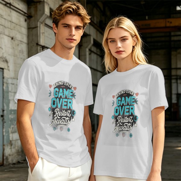 Olive t-shirt with 'Behind Every Game Over A Restart Awaits' gaming print