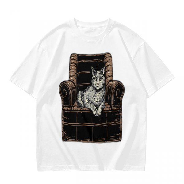 Olive Green T-Shirt With Cat In Armchair Graphic Print