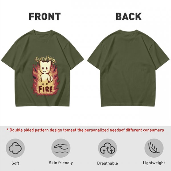 Olive Graphic T-Shirt With Everything Is On Fire Cat Design