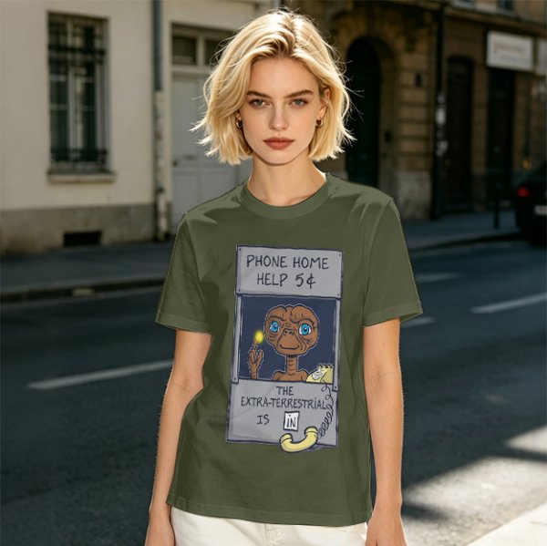 Olive green t-shirt with E.T. phone home graphic print