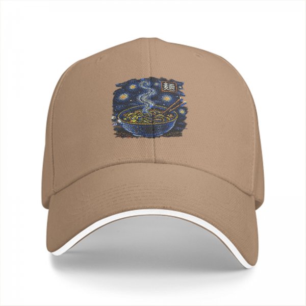 Black baseball cap with starry night ramen bowl graphic