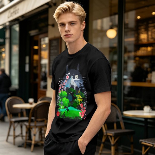 Olive Green T-Shirt with Totoro Nature Landscape Graphic Print