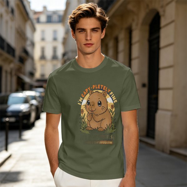 Olive t-shirt with cute capybara 'I'm capy-pletely fine' graphic