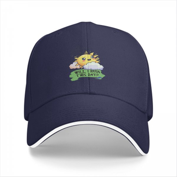 Black baseball cap with cute sun graphic and 'Will I Ruin This Day?' text