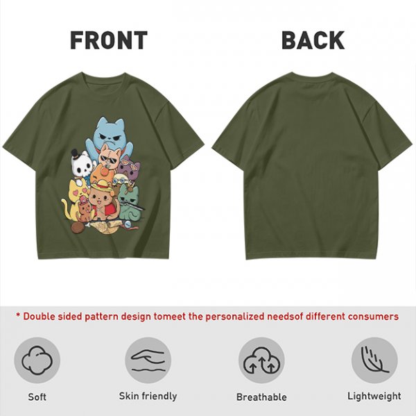 Olive T-Shirt With Chibi Pirate Cats Group Graphic