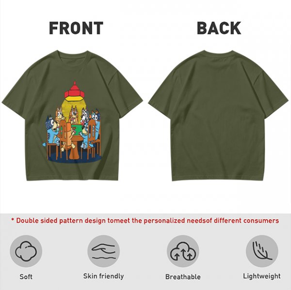 Olive green t-shirt with cartoon dogs playing poker under a hanging lamp
