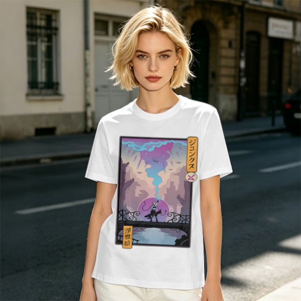 Olive T-shirt with Cyberpunk City Bridge Character Art Print