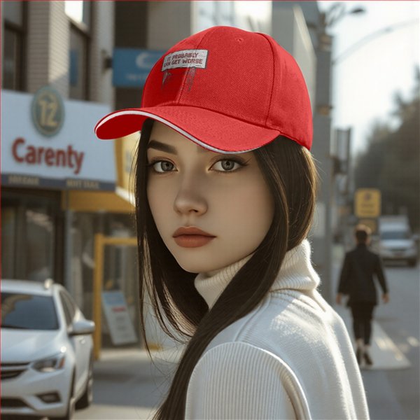 Black baseball cap with 'It Probably Can Get Worse' graphic print