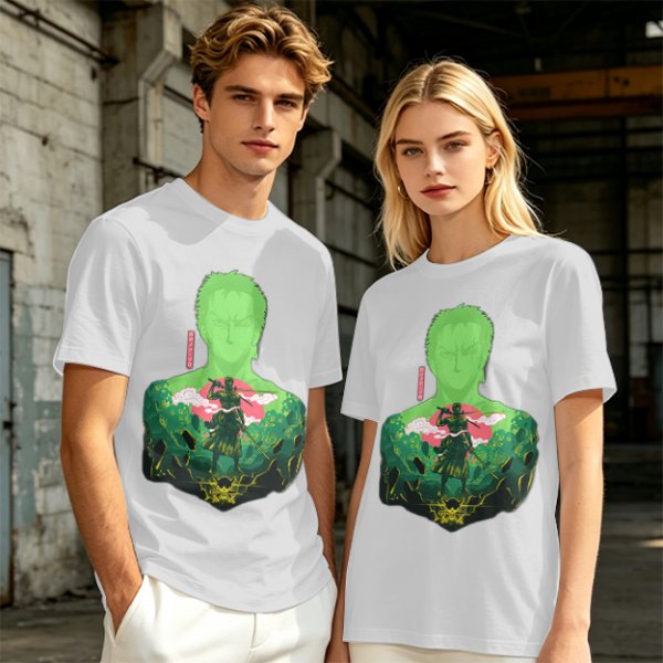 Olive Anime T-Shirt With Samurai Warrior Silhouette Art