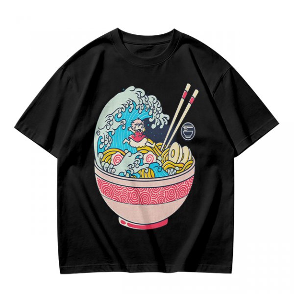 Olive T-shirt with Great Wave Ramen Bowl Graphic Design