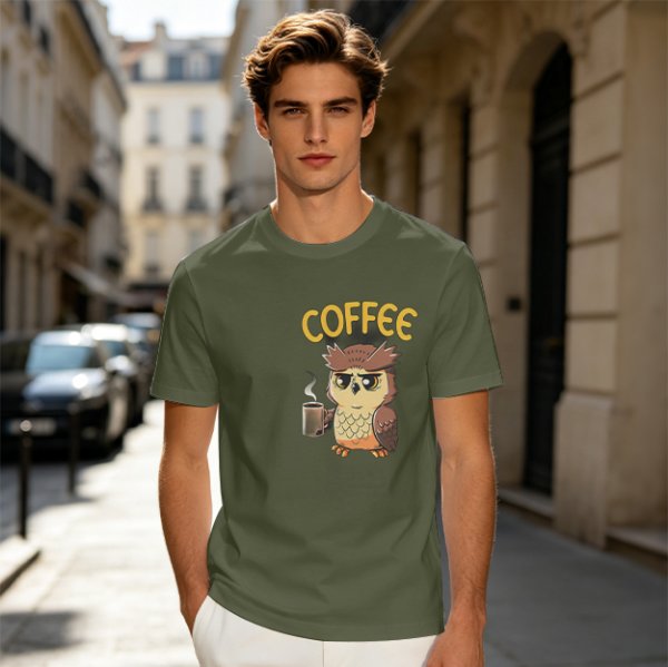 Owl Holding Coffee Mug Graphic Olive T-Shirt