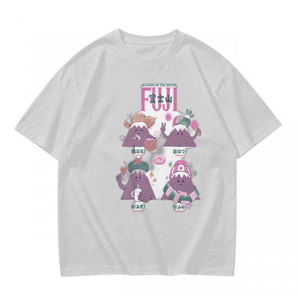 Olive green t-shirt with playful Mount Fuji character graphic print