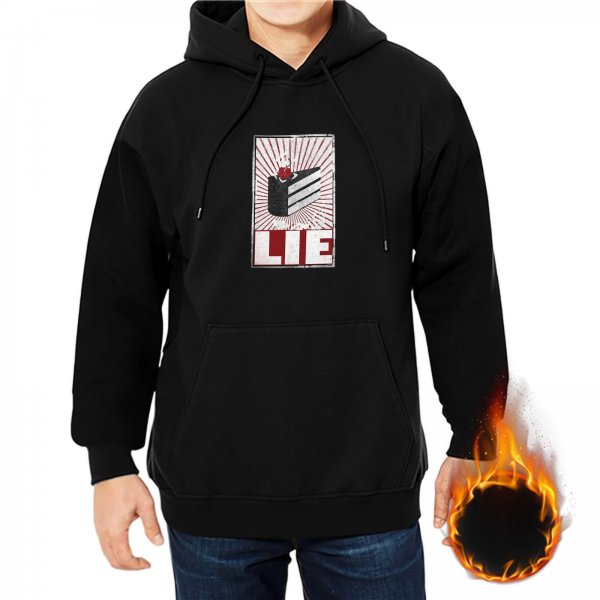Black hoodie with graphic print featuring 'LIE' text and propaganda-style design