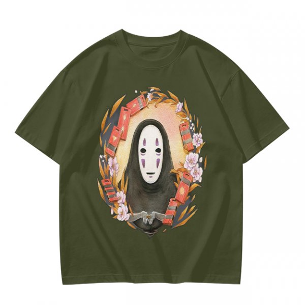 Spirited Away No-Face Graphic Tee with Cherry Blossoms and Lanterns