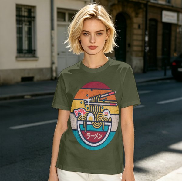 Olive T-shirt with Retro Ramen Bowl Chopsticks Graphic