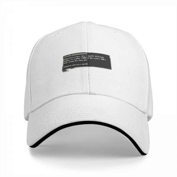 Black baseball cap with system requirements text print