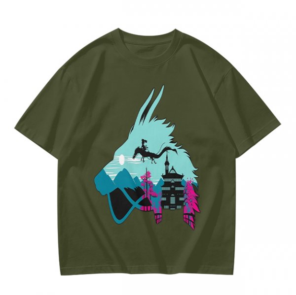 Olive T-Shirt With Spirited Away Dragon Silhouette Artwork