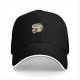 Black baseball cap with cute T-rex holding coffee graphic