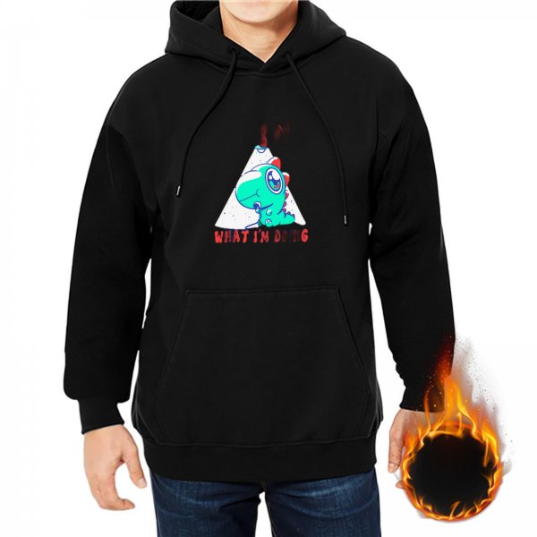 Black hoodie with cartoon dinosaur graphic and 'WHAT I'M DOING' text