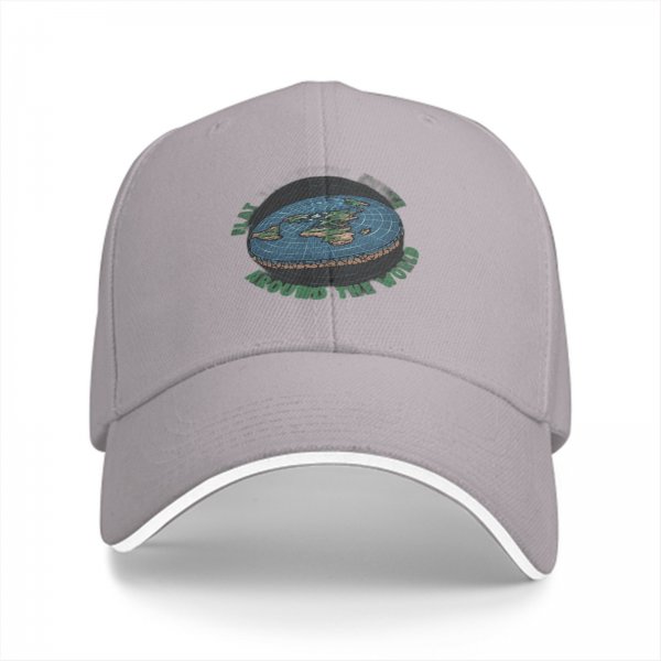 Black baseball cap with flat earth 'around the world' graphic print