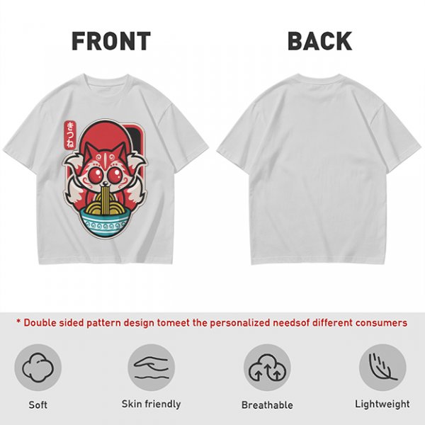 Olive t-shirt with cute kitsune fox eating ramen graphic