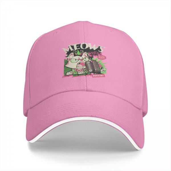 Black baseball cap with punk rock cat graphic design