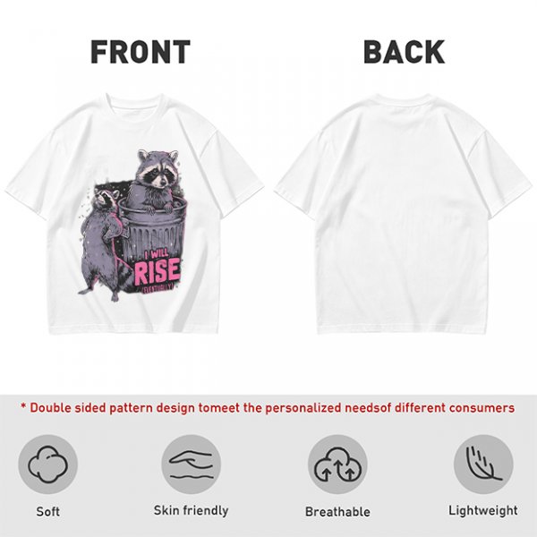 Olive graphic t-shirt with raccoons and 'I Will Rise Eventually' text