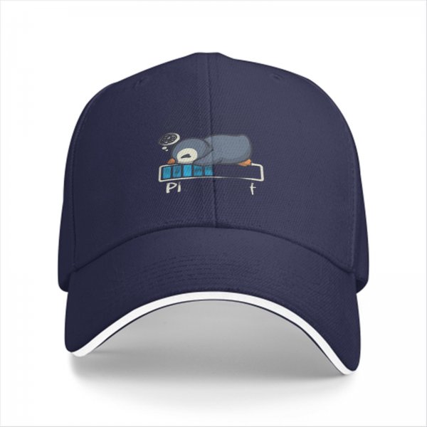 Black baseball cap with sleepy penguin low battery graphic