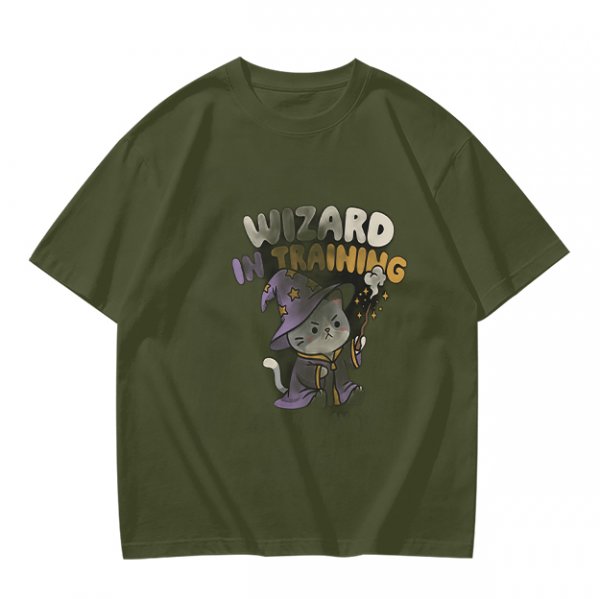 Wizard In Training Cat Graphic Olive T-Shirt