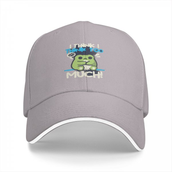 Black baseball cap with 'I think I think too much' anxious frog graphic