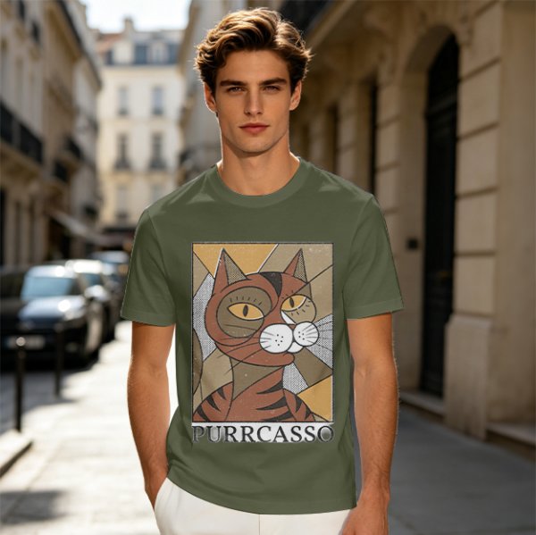Olive green t-shirt with cubist style cat print and Purrcasso text